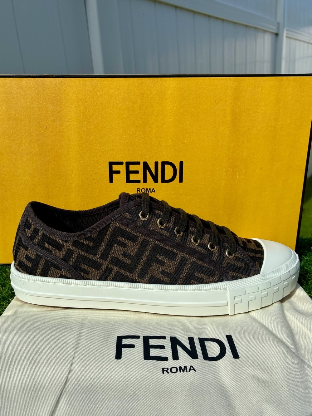 FENDI DOMINO FF JACQUARD BROWN BLACK LOW TOP SNEAKERS SZ UK 9 / US 10 NEW